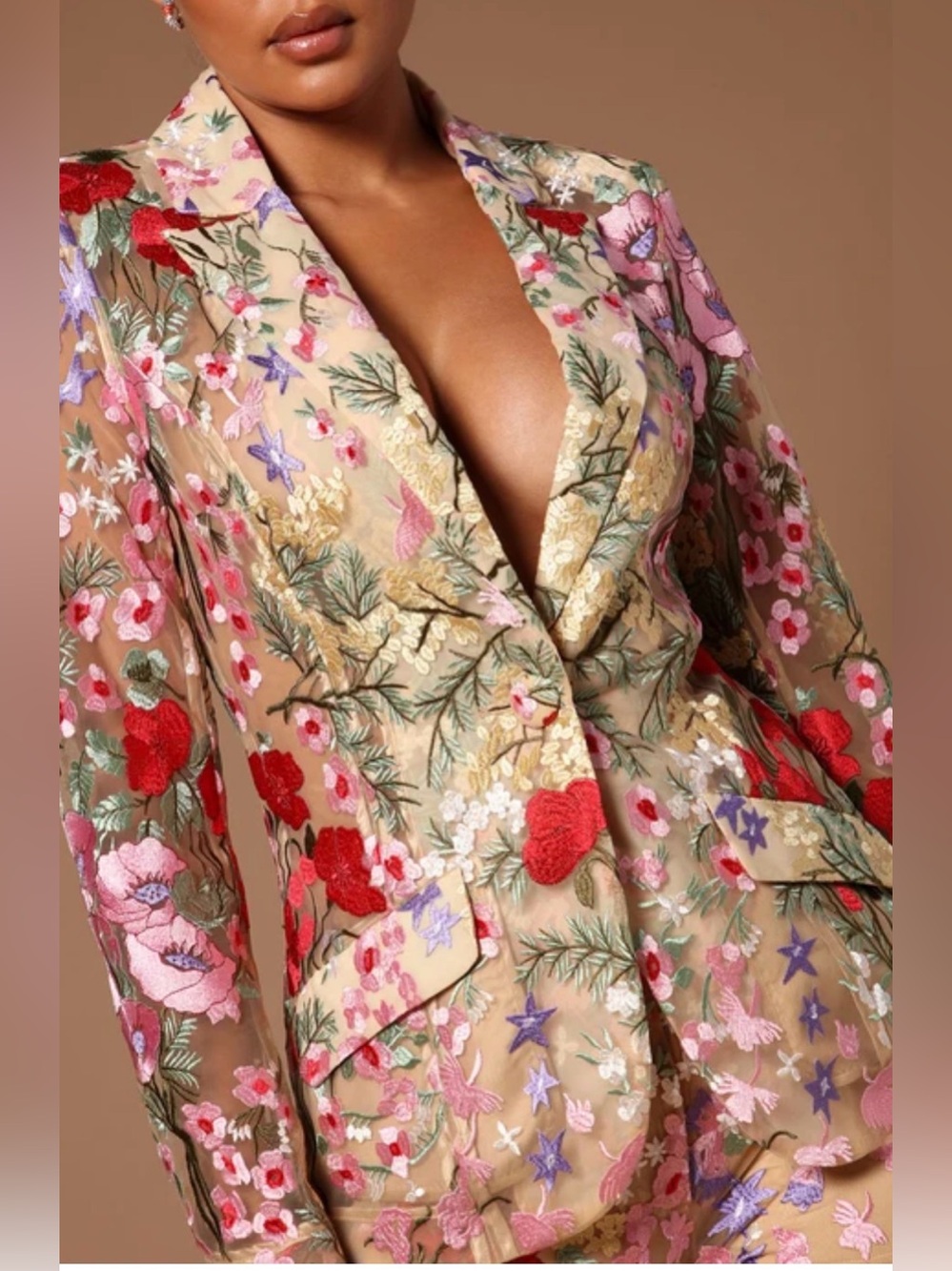 Embroidered Floral Beige Mesh Blazer - Women Jackets & Coats